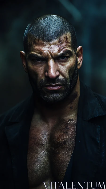 Battle-scarred fighter portrait under harsh dramatic light.