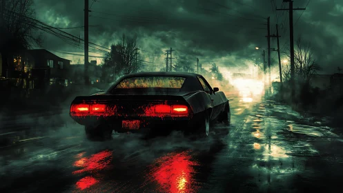 Muscle car accelerates through neon-lit fog on wet night street