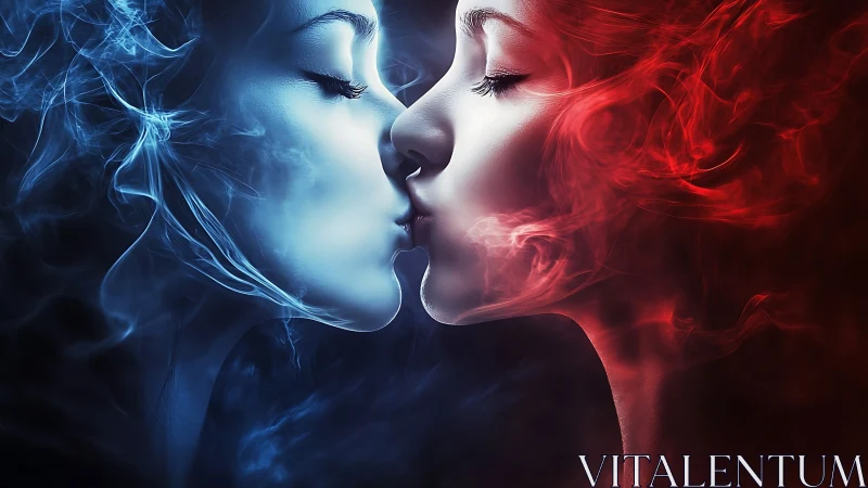 Two Faces Merge in Ethereal Blue and Red Light Energy.