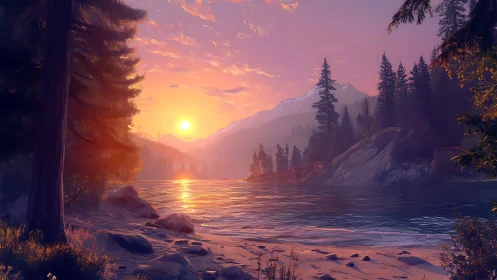 Sunset over forested lake with distant snow peak. Period.