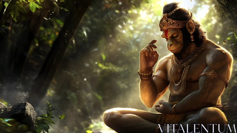 Golden forest meditation celebrates a serene monkey deity