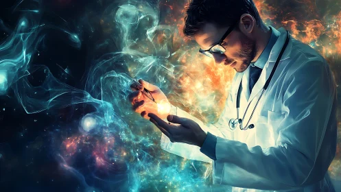 Starlit doctor cradles a newborn universe in glowing hands