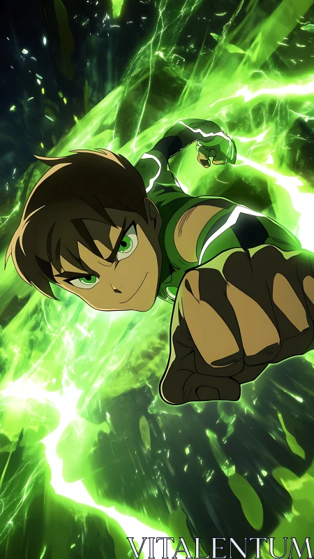 Dynamic green-lit anime hero rendered in high-contrast motion