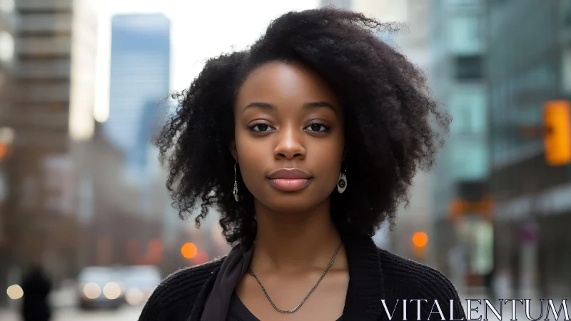Confident young woman with natural hair in modern urban street portrait.