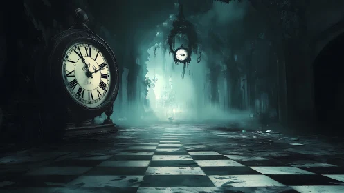 Gothic corridor of broken time with looming antique clocks.