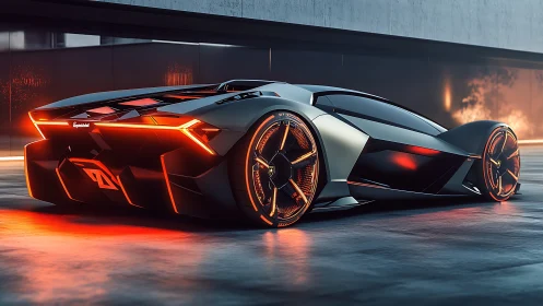 Rear three-quarter view shows neon-lit hypercar with aggressive aero