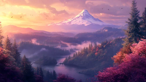 Sunlit alpine peak over misty river valley at dusk.