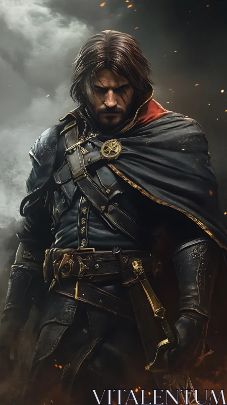 Brooding fantasy warrior stands ready in stormlit embers