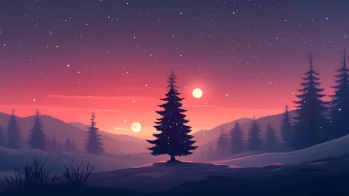 Dual-sun winter landscape with silhouetted pines and layered depth