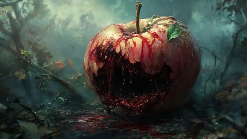 Decayed bleeding apple carved as sinister forest head.