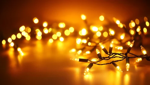 Warm golden string lights glowing on soft blurred background.