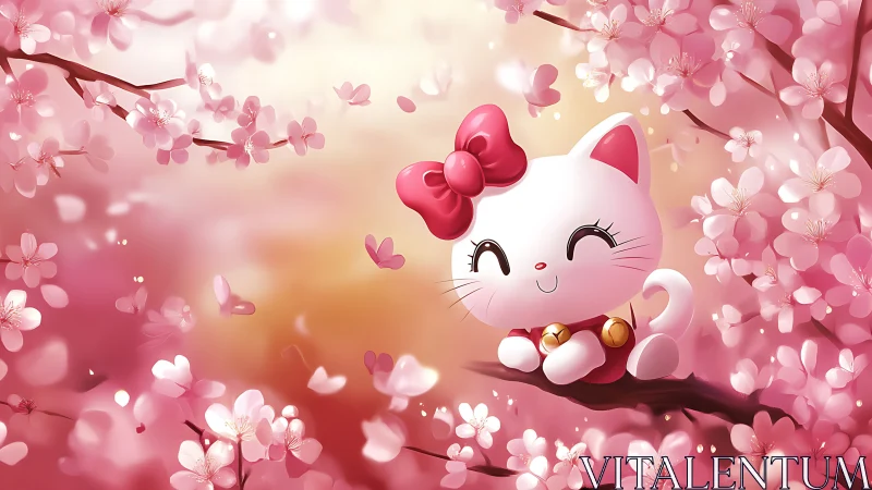 Chibi white cat with bells sits amid luminous cherry blossoms