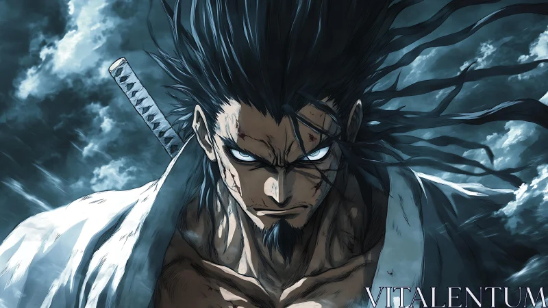 Stormlit battle-worn swordsman with glowing eyes and katana