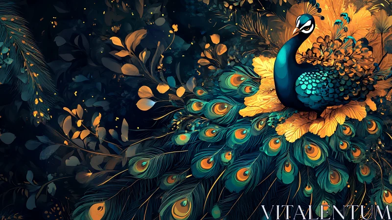 Peacock rendered with stylized plumage against dense foliage