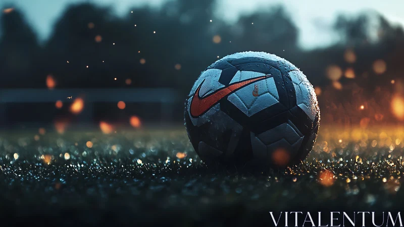 Rain-soaked football on glowing wet pitch at dusk.