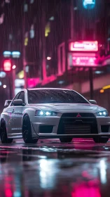 Rain-soaked Lancer Evolution under neon spectral reflections.