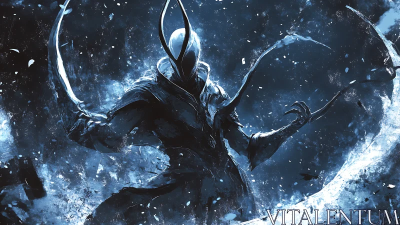 Shadowed humanoid figure with curved blades in icy vortex.