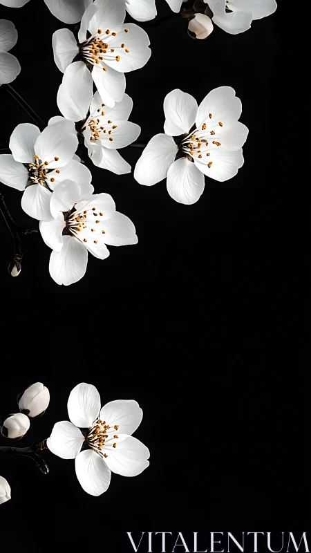 White Blossoms Against Black. Golden Stamens Revealed.
