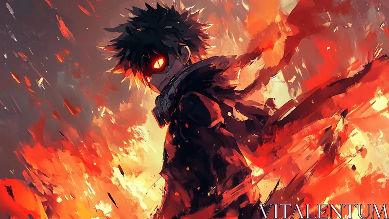 Ember-eyed antihero strides through shattering digital flame