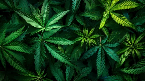 Overlapping cannabis leaves create dense emerald foliage field