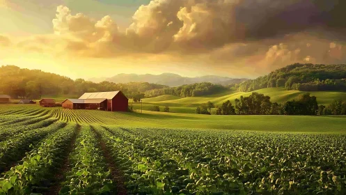 Rural farm landscape with crop rows under evening light.