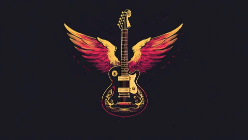 Winged electric guitar blazes upward like a neon phoenix