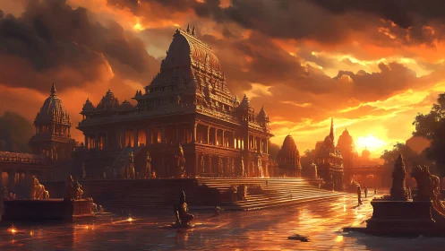 Digital render depicts monumental temple complex at sunset