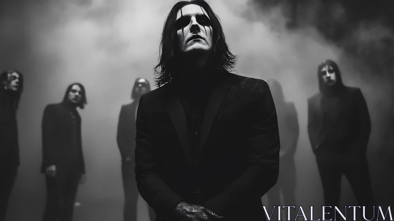 Gothic rock band in monochrome fog-drenched atmosphere.