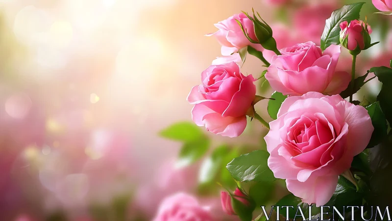 Pink roses illuminated by soft golden light with bokeh background.