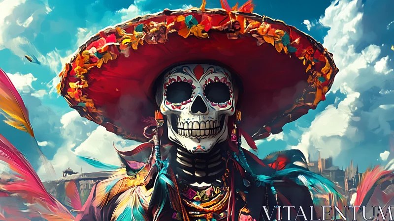 Colorful D&iacute;a de Muertos skeleton in ornate feathered sombrero.