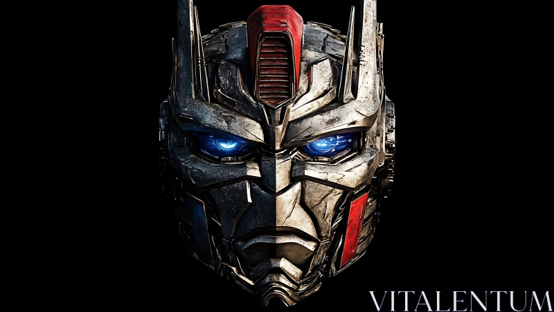 Metallic robotic face with illuminated blue mechanical eyes.