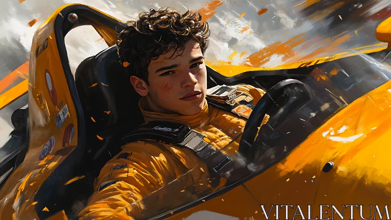 Young driver in orange race car cockpit during motion.