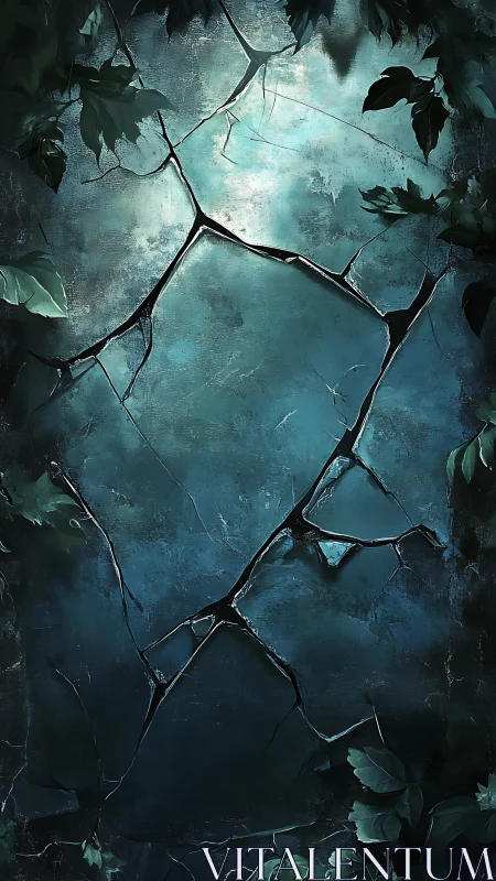 Cracked blue stone wall framed by dark green foliage.