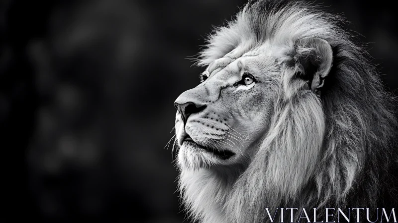 Black and white lion portrait with focused upward gaze.