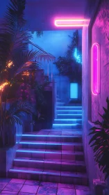 Neon lit tiled staircase with biophilic elements in vaporwave palette