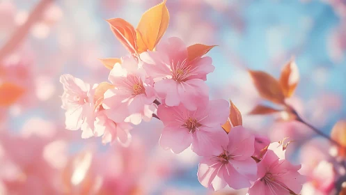 Pink Cherry Blossoms Illuminated by Soft Sunlight.