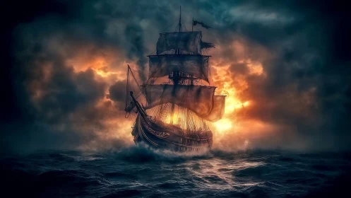 Cinematic digital painting of tall ship in storm glow seascape.