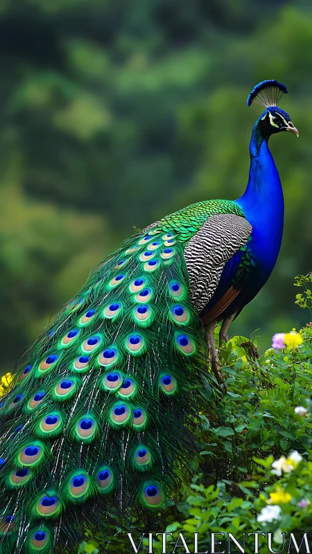 Iridescent male peafowl in rainforest-edge habitat profile.
