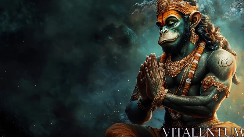 Peaceful monkey deity in quiet prayerful meditation.