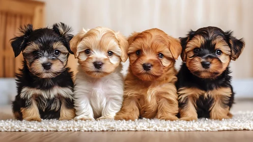 Four fluffy puppies sit together on a cozy, softly lit rug