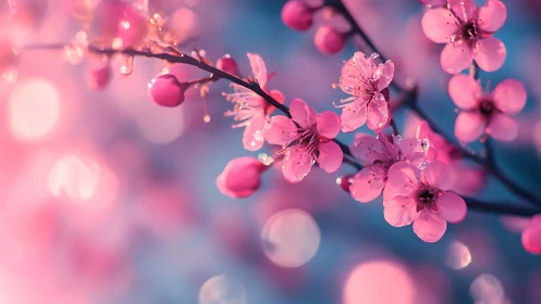 Macro-depth cherry blossom branch with bokeh luminescence and dew drops
