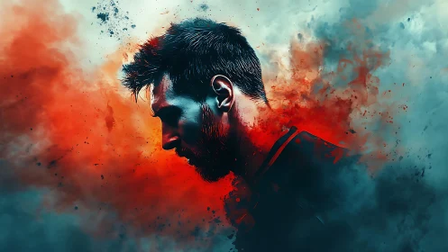 Male side profile within red and teal digital smoke field.