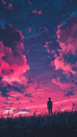 Silhouette observing magenta dusk sky under starfield gradient