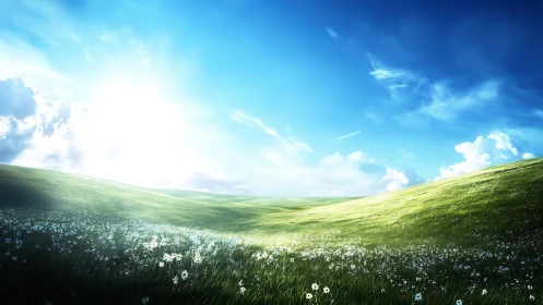 Digital landscape shows grassy hills under bright daylight sky