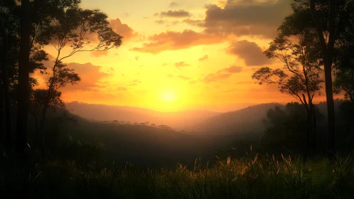 Golden forest sunrise over misty valley horizon.