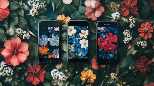 Three iPhones displaying floral wallpapers on botanical backdrop