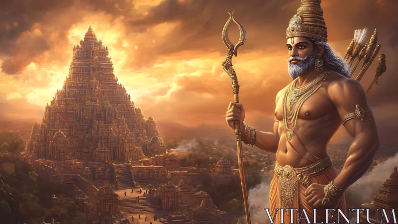 Sun-forged guardian god watches over a golden mythic temple.