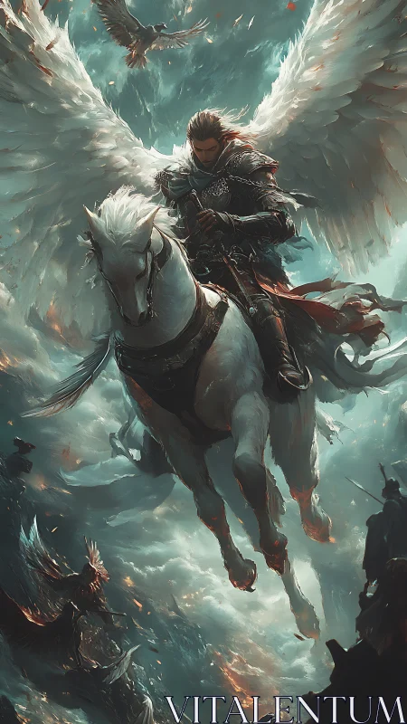 Winged knight descending on white warhorse amid battle.