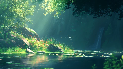 Sunlit forest pond glows with lilies and distant waterfall.