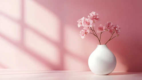 Pink flowers in white vase against rose-toned wall.